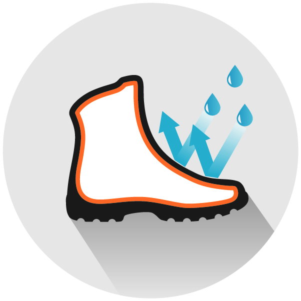 Icon Wasserdichtigkeit im VÖLKL Stiefel – blaue Wassertropfen und Pfeile zeigen die wasserabweisende Membran für trockene Füße