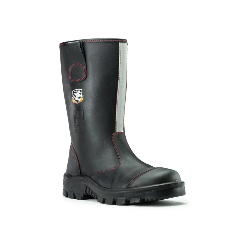 VÖLKL Leutnant Pro Einsatzschuhe – schwarzer Hochschaftstiefel mit Reflexstreifen und roter Naht für professionelle Feuerwehreinsätze
